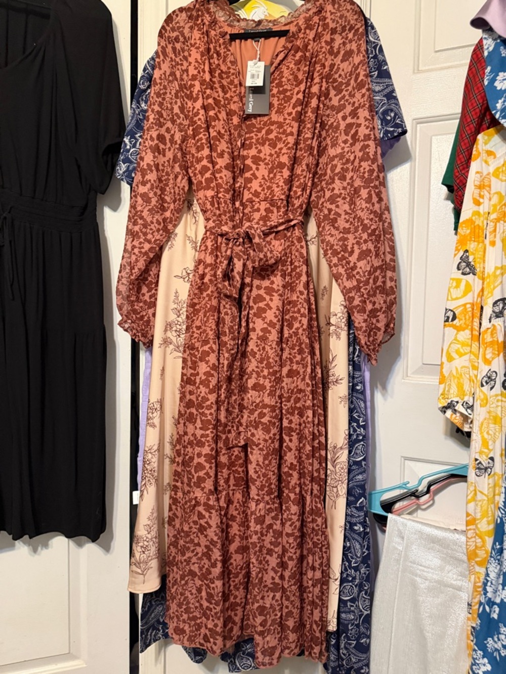 Women's Rust Floral Maxi Wrap Dress with Tie Waist